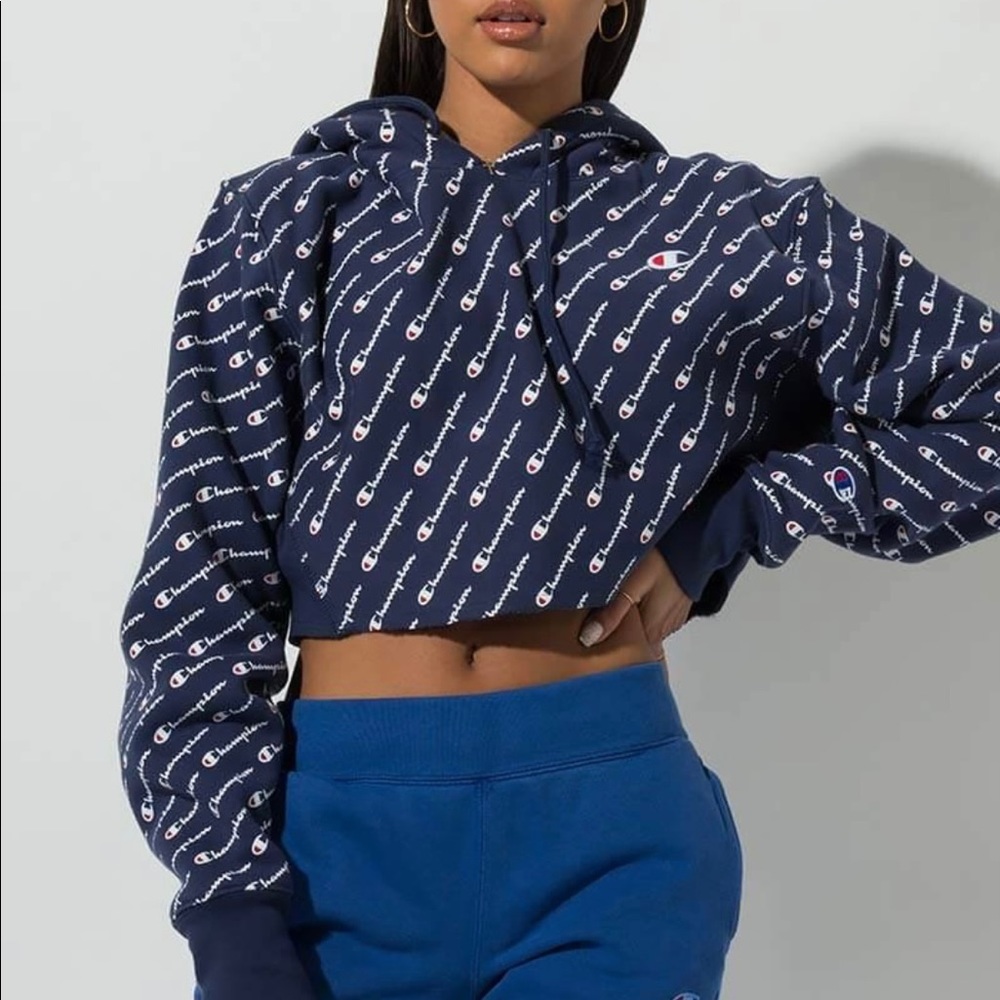 Champion Navy Blue Cropped Hoodie Sz Xs Diagonal … - image 3